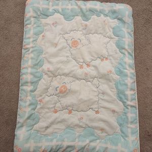 Sears Vintage Lamb Quilted Blanket Baby Comforter Blue/White Security